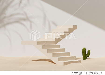 3d render beige stairway and small green cactus in sand, on white wall background with shadow of reed grass. Abstract modern minimal background for product display 3d render beige stairway and small green cactus in sand, on white wall background with shadow of reed grass. Abstract modern minimal background for product display 102937264
