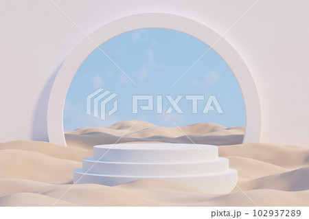 Abstract background with step stage podium on desert dunes and blue cloud sky scene from circle window. Geometric minimal scene, design for cosmetic or product display podium 3d render. 102937289