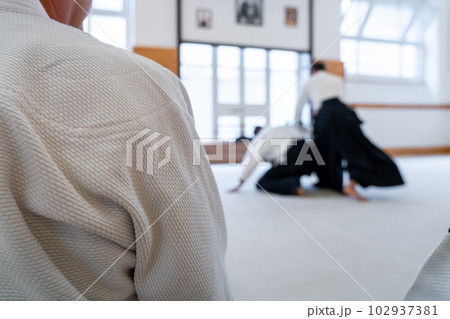 People practicing aikido in a dojo background. 102937381