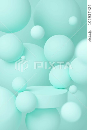 3d display product mint green scene with round podium platform and flying balls in different sizes. Pedestal for cosmetic product and packaging mockups display presentation 102937426