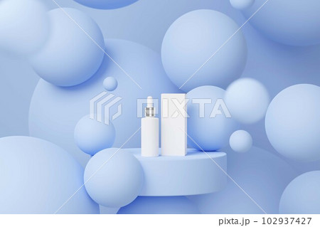 Background vector 3d render with blue round podium and blue wall scene decorated with many sizes of balls. Empty label white bottle with dropper for cosmetic product mockup 102937427