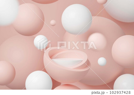 Podium for packaging or beauty product presentation. Pink pastel background with white and pink color of flying balls. Showcase, display case, 3d render Podium for packaging or beauty product presentation. Pink pastel background with white and pink color of flying balls. Showcase, display case, 3d render 102937428