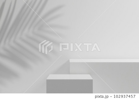 Abstract white 3D room with realistic white rectangle podium with empty space. Tropical leaf shadow in the left side. Stage showcase on minimal pedestal display 102937457