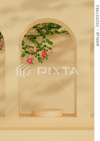 Vector 3D realistic empty round podium on beige background, decorated with flowers and green leaves. Empty pedestal for cosmetic products, goods presentation. Vector 3D realistic empty round podium on beige background, decorated with flowers and green leaves. Empty pedestal for cosmetic products, goods presentation. 102937461