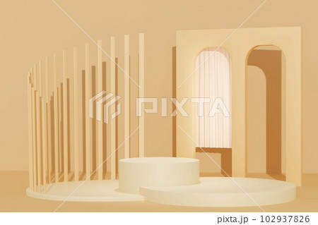 3d backgrounds with stage platform for product presentation and mock up. Minimal scene backdrop with clean design, empty stage and geometric objects on beige background. 3D render. 3d backgrounds with stage platform for product presentation and mock up. Minimal scene backdrop with clean design, empty stage and geometric objects on beige background. 3D render. 102937826