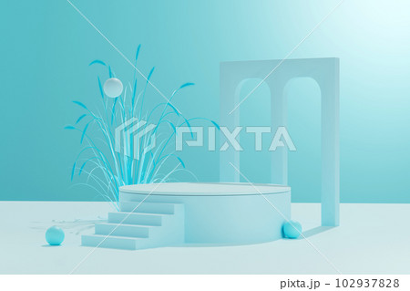 Minimal scene backdrop with clean design, stairs leading up to the empty platform, the back door frame and small tree on the pastel green background. 3d render for product presentation 102937828