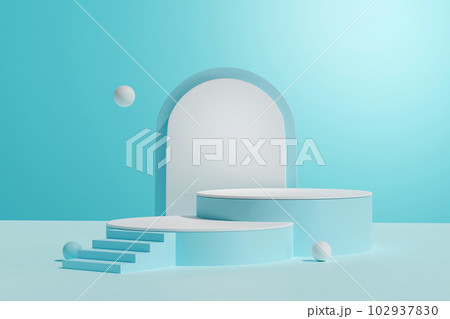 3D render stairway leading up to the empty platform, arch window and small balls on blue background. Abstract content for product presentation. 3D render stairway leading up to the empty platform, arch window and small balls on blue background. Abstract content for product presentation. 102937830
