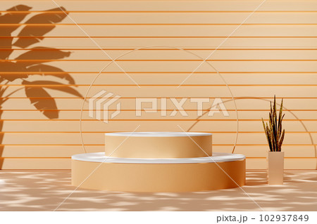 Abstract modern minimal background with empty podiums, a small pot of bonsai and shadow of banana leaves on the beige wall. Minimal composition, 3d illustration. Abstract modern minimal background with empty podiums, a small pot of bonsai and shadow of banana leaves on the beige wall. Minimal composition, 3d illustration. 102937849
