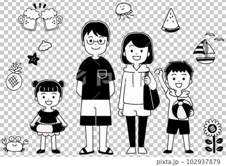 Illustration of a family in summer swimsuits line drawing Illustration of a family in summer swimsuits line drawing 102937879