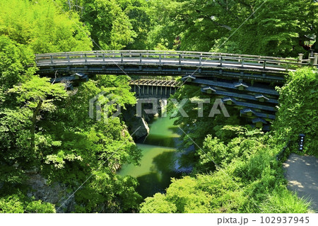甲斐の猿橋と水路橋架かる桂川の渓谷 102937945