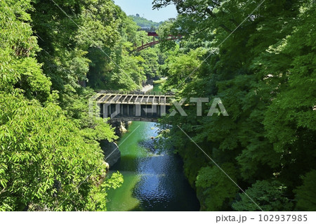 甲斐の猿橋下流の水路橋架かる桂川の渓谷に新猿橋 甲斐の猿橋下流の水路橋架かる桂川の渓谷に新猿橋 102937985