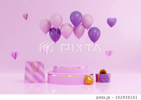3d illustration, happy valentines day and stage podium decorated with hearts, gift boxes and flying balloons of purple color. Vector 3d rendering 3d illustration, happy valentines day and stage podium decorated with hearts, gift boxes and flying balloons of purple color. Vector 3d rendering 102938181
