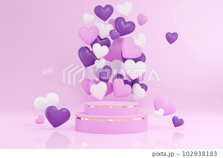 3D background for beauty products or goods display on podium with platform. 3d rendering geometric shape. Birthday concept with heart shape balloons in purple 3D background for beauty products or goods display on podium with platform. 3d rendering geometric shape. Birthday concept with heart shape balloons in purple 102938183