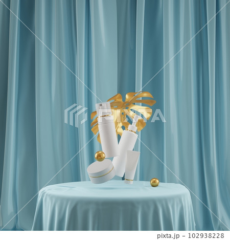 3D rendering - empty bottle model with no label for cosmetic product and yellow leaves on blue fabric background. Abstract background for branding and minimal presentation. Front view, copy space 102938228