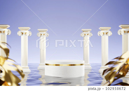 Minimal scene with cylinder podium and abstract blue background, classic roman columns. Empty space for cosmetic product presentation, 3d rendering Minimal scene with cylinder podium and abstract blue background, classic roman columns. Empty space for cosmetic product presentation, 3d rendering 102938672