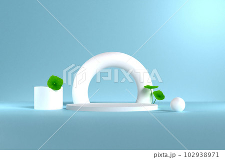 Front view of white geometric pedestal for cosmetic product and packaging mockups display presentation with 3d rendering and centella leaves on blue background. Abstract background, minimal style Front view of white geometric pedestal for cosmetic product and packaging mockups display presentation with 3d rendering and centella leaves on blue background. Abstract background, minimal style 102938971