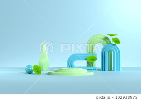 3d render abstract platform podium on blue background with geometric objects and centella asiatica leaves. Space for display cosmetic of centella extract with minimal style. 3d render abstract platform podium on blue background with geometric objects and centella asiatica leaves. Space for display cosmetic of centella extract with minimal style. 102938975