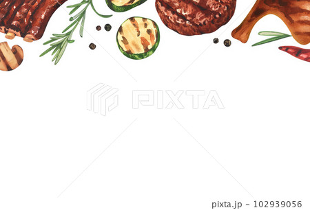 Watercolor frame barbecue. Elements for cooking bbq - grill, chicken and meat. Hand-drawn illustration isolated on white background. Perfect concept food menu, food drawing, design packing, barbecue Watercolor frame barbecue. Elements for cooking bbq - grill, chicken and meat. Hand-drawn illustration isolated on white background. Perfect concept food menu, food drawing, design packing, barbecue 102939056