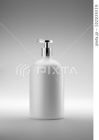 Abstract vector rendering 3D for products display presentation with white pump bottle without label on gray background. Shampoo or conditioner hair care mockup 102939319