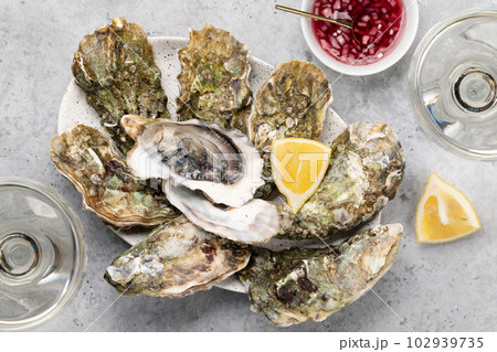 Fresh oysters with glasses of sparkling wine 102939735