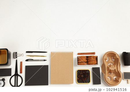 Mockup flat lay with different office accessories on white background 102941516
