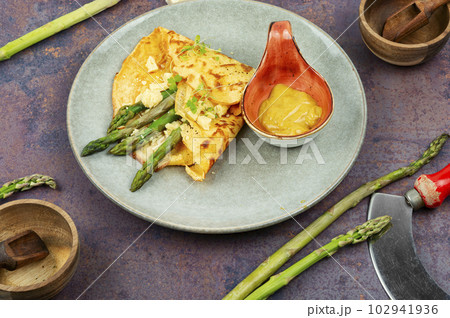 Healthy asparagus omelet on the plate Healthy asparagus omelet on the plate 102941936