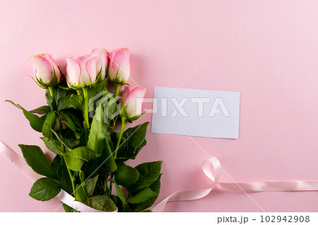 Image of pink tulips with ribbon and card with copy space on pink background 102942908