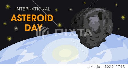 Asteroid streaking through space to earth. Space and stars in the background. International asteroid day. asteroid vector illustration. Planetoid is flying in the cosmic space 102943748
