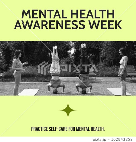 Composite of multiracial men and women practicing yoga in park and mental health awareness week text 102943858