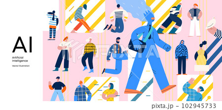 Artificial intelligence, AI and humanity -modern flat vector concept illustration of AI character walking among people in everyday life. Metaphor of AI advantage, benefit, friendliness concept 102945733