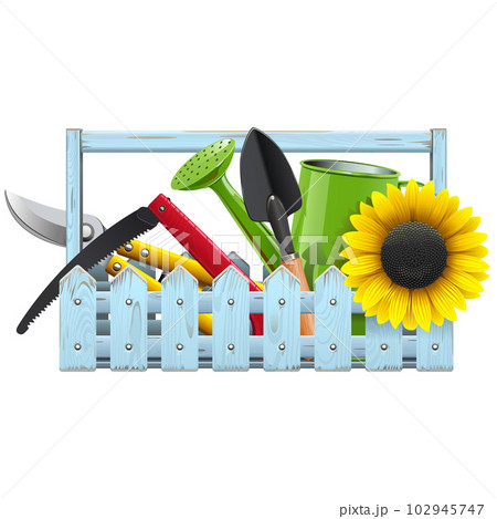 Vector Blue Wooden Crate with Garden Accessories 102945747