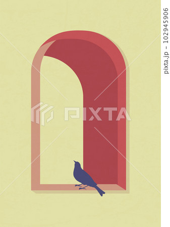 Aesthetic decoration, sitting bird in window illustration poster. Aesthetic decoration, sitting bird in window illustration poster. 102945906