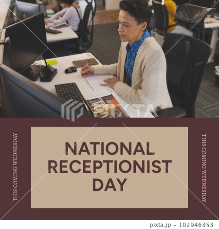 Composition of national receptionist day text over biracial businesswoman in office 102946353