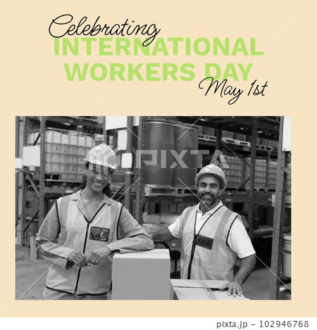 Celebrating international workers day with may 1st text, diverse coworkers with boxes in warehouse Celebrating international workers day with may 1st text, diverse coworkers with boxes in warehouse 102946768