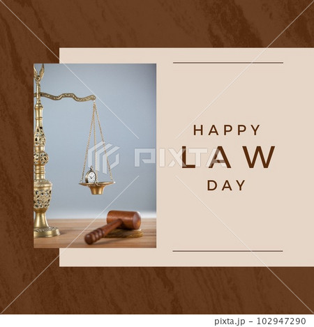 Composition of happy law day text with scale of justice and gavel on wooden background 102947290