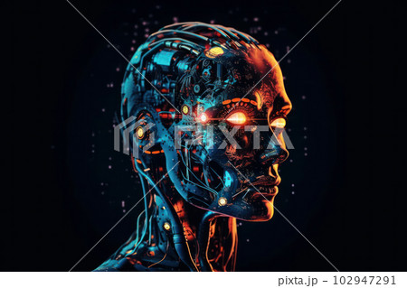 Futuristic humanoid robot with glowing eyes and digital brain, processing big data and learning. Artificial intelligence technology concept. AI Generative. 102947291