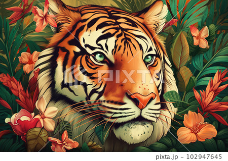 Image of tiger head with colorful tropical flowers. wildlife. Animal. illustration. Generative AI. Image of tiger head with colorful tropical flowers. wildlife. Animal. illustration. Generative AI. 102947645
