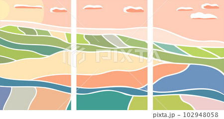 Abstract background with agro fields at sunset and sunrise. Pink sky, sun, clouds. Flat vector illustration suitable for printing banners, flyers, invitations Abstract background with agro fields at sunset and sunrise. Pink sky, sun, clouds. Flat vector illustration suitable for printing banners, flyers, invitations 102948058
