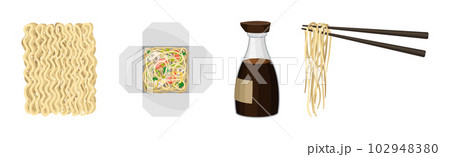 Chinese Noodles with Vegetables in Cardboard Box with Chopsticks and Soy Sauce Bottle Vector Set 102948380