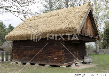 Wooden Cottage With Straw, Thatched Roof In Meadow, Open Air. Bungalow Construction in Rural Eastern Europe Area, Village. Horizontal Landscape Plane High quality photo 102948554