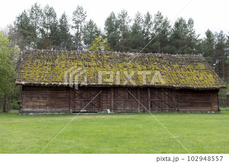 Old Wooden Building With Straw, Thatched Roof In Meadow, Open Air. Bungalow Construction in Rural Eastern Europe Area, Countryside. Horizontal Landscape Plane High quality photo 102948557