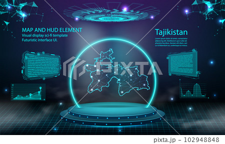 tajikistan map light connecting effect background. abstract digital technology UI, GUI, futuristic HUD Virtual Interface with tajikistan map. Stage futuristic podium in fog. tajikistan map light connecting effect background. abstract digital technology UI, GUI, futuristic HUD Virtual Interface with tajikistan map. Stage futuristic podium in fog. 102948848