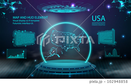usa map light connecting effect background. abstract digital technology UI, GUI, futuristic HUD Virtual Interface with usa map. Stage futuristic podium in fog. usa map light connecting effect background. abstract digital technology UI, GUI, futuristic HUD Virtual Interface with usa map. Stage futuristic podium in fog. 102948858