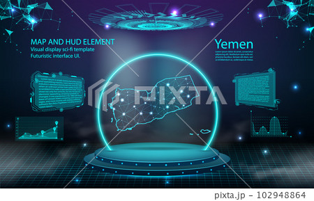 yemen map light connecting effect background. abstract digital technology UI, GUI, futuristic HUD Virtual Interface with yemen map. Stage futuristic podium in fog. 102948864