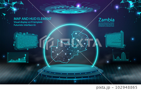 zambia map light connecting effect background. abstract digital technology UI, GUI, futuristic HUD Virtual Interface with zambia map. Stage futuristic podium in fog. 102948865