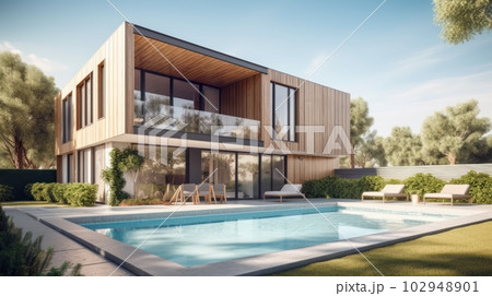 A modern two-storey high-tech minimalist villa with huge panoramic windows, a neat green lawn and a swimming pool in the foreground. Modern comfortable living environment. A modern two-storey high-tech minimalist villa with huge panoramic windows, a neat green lawn and a swimming pool in the foreground. Modern comfortable living environment. 102948901