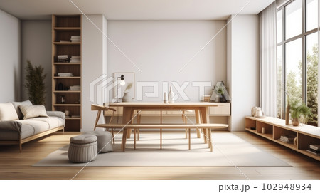 Modern spacious living room with large panoramic windows. Minimalist light interior in Scandinavian style, simple wooden furniture, light textiles, white walls. Modern spacious living room with large panoramic windows. Minimalist light interior in Scandinavian style, simple wooden furniture, light textiles, white walls. 102948934