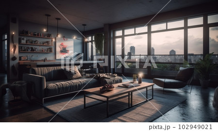 Elite apartment in a modern house with panoramic windows and a city view. Leather sofa and armchair, coffee table, wooden floor, paintings on the walls. Luxurious accommodation. Elite apartment in a modern house with panoramic windows and a city view. Leather sofa and armchair, coffee table, wooden floor, paintings on the walls. Luxurious accommodation. 102949021