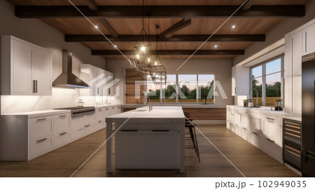 Spacious modern American style white kitchen in a country house with a kitchen island and bar stools. Comfortable space, modern kitchen appliances. 102949035