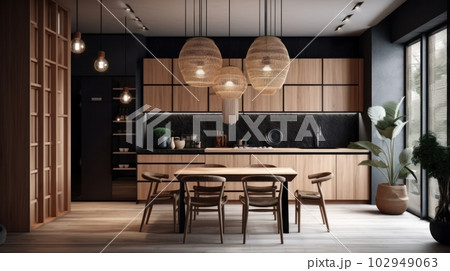 Modern European kitchen made of natural materials with a dining area. Monochrome natural tones, wooden furniture, panoramic windows with a beautiful view. Eco style for life. 102949063